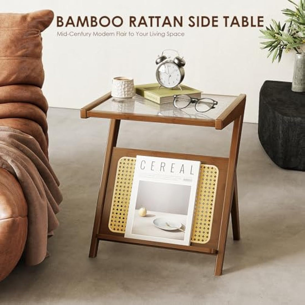 Bamworld Boho Rattan Side Table | Bamboo & Glass Z-Shaped Nightstand