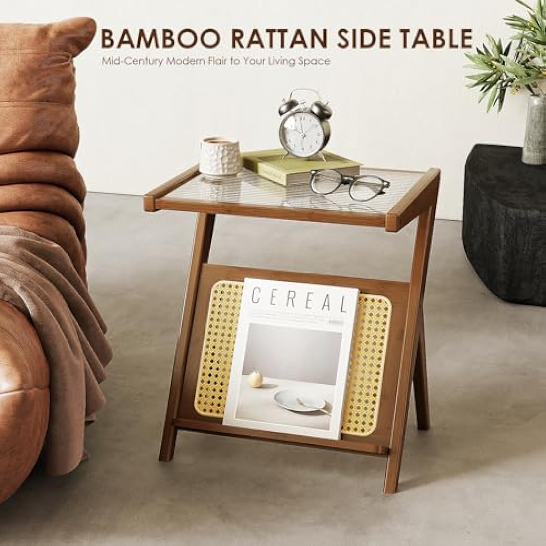 Bamworld Boho Rattan Side Table | Bamboo & Glass Z-Shaped Nightstand