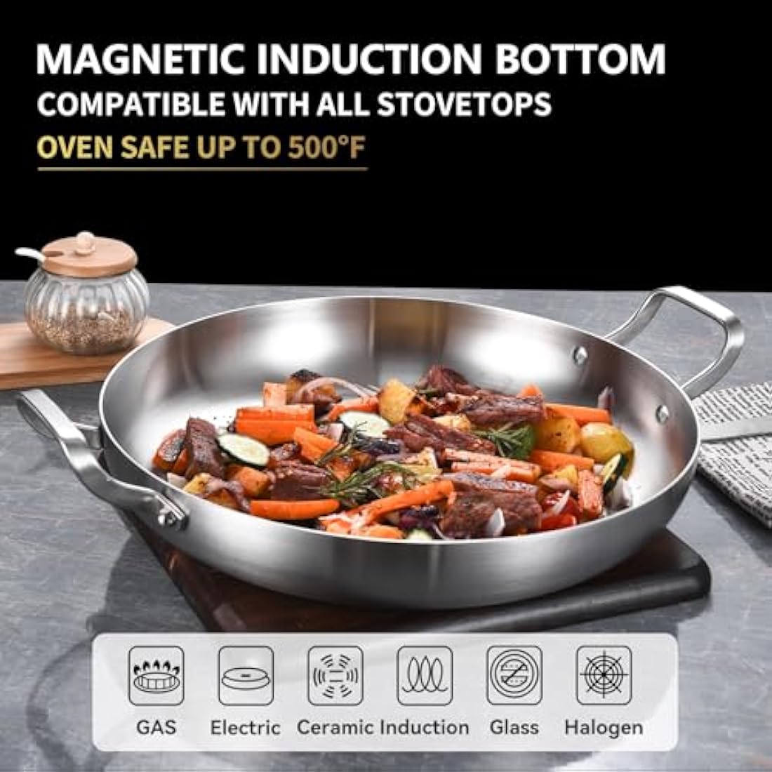 Inqibee 30 CM Tri-Ply Stainless Steel Paella Pan with Lid | Induction