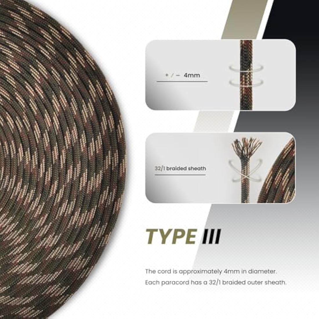 Abma Cord 550 Paracord – 100m Nylon Type III 7 Strand Rope, Forest Camo
