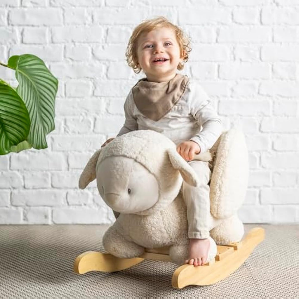 Nattou Ecru Sheep Wooden Rocker | Padded Vegan Teddy Fabric Seat