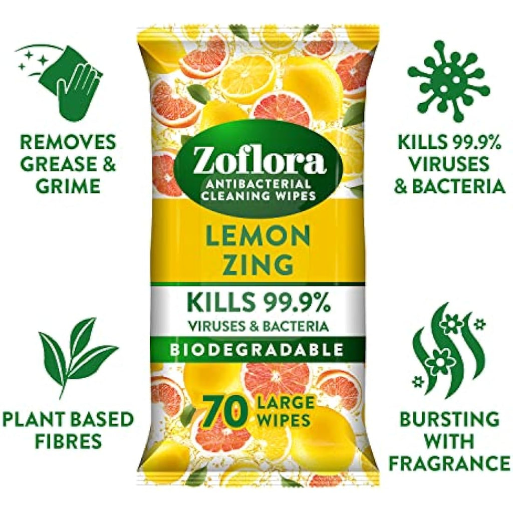 Zoflora Lemon Zing Biodegradable Antibacterial Wipes | 6 x 70 Pack