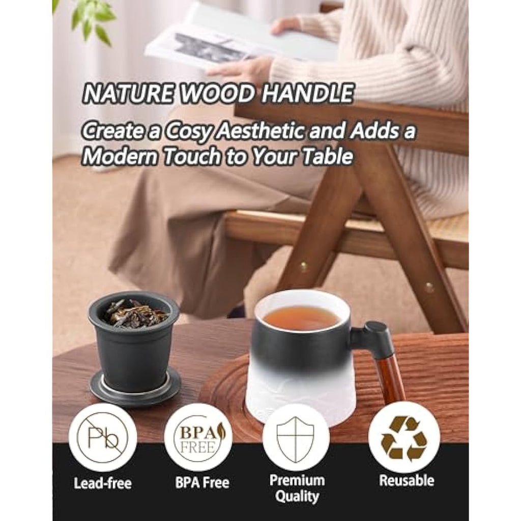 ZENS Ceramic Tea Infuser Mug with Wood Handle and Lid, 500ml - Black