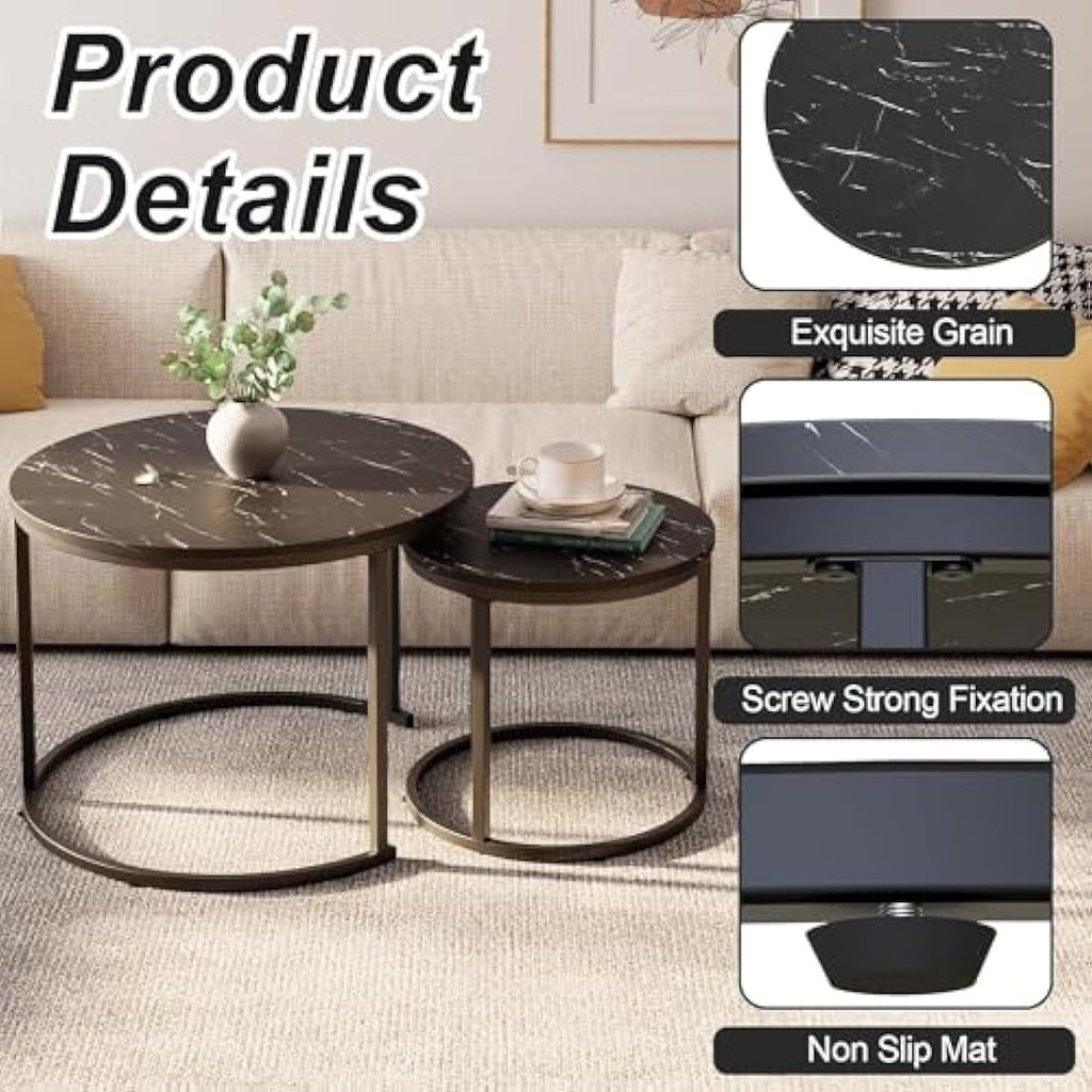Huhote Round Nesting Coffee Tables - Set of 2 Black Marble Side Tables