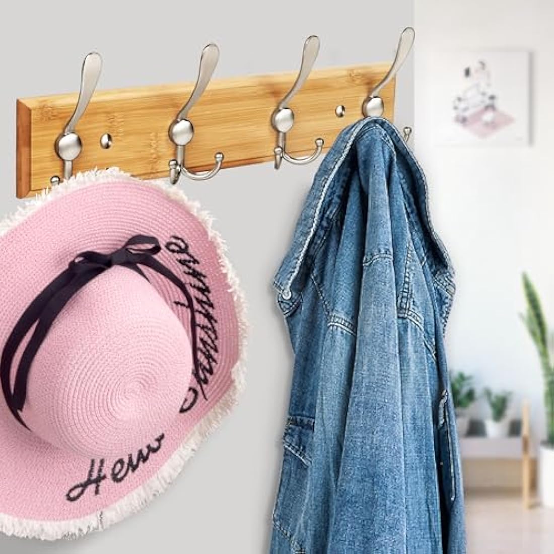 GlazieVault Bamboo Wall Coat Rack – 2 Pack Heavy Duty Matt Nickel Hooks