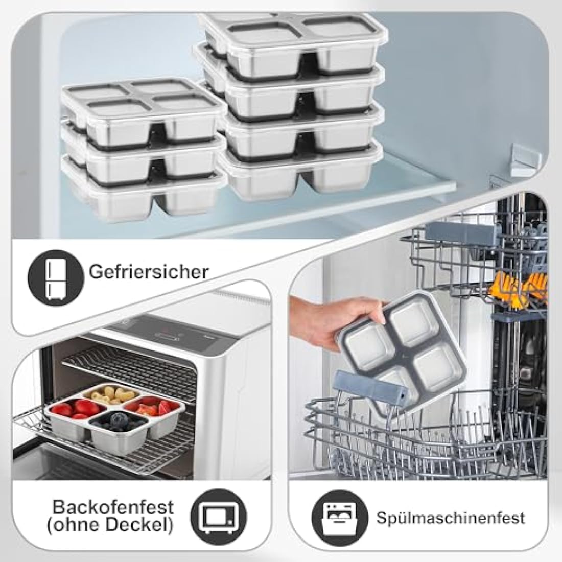 Misichao Stainless Steel 4-Compartment Snack Boxes - 4 Pack Grey