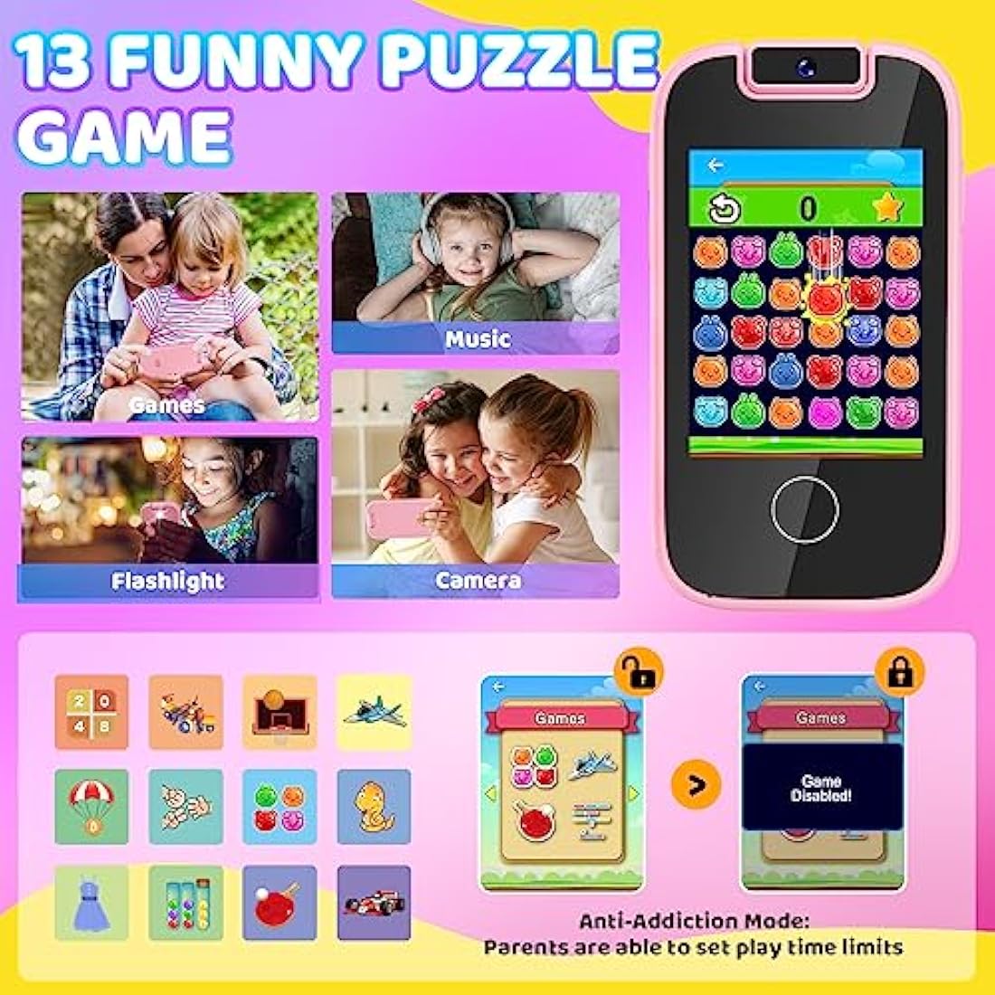 Jolof Store Kids Smart Phone | Dual Camera MP3 Player Toy for Girls 3-8
