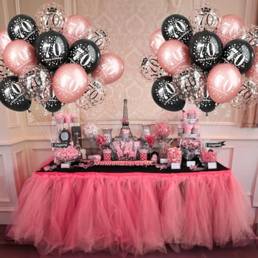 70th Birthday Balloons - 15pc Rose Gold & Black Latex Set