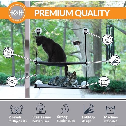 K&H EZ Mount Double Stack Cat Window Perch – 2 Level Suction Bed, Grey
