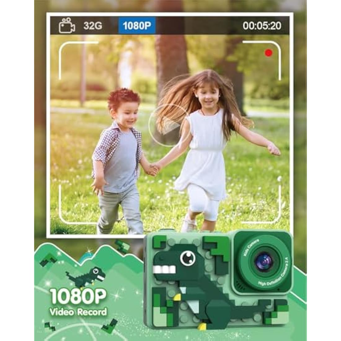 Kizeefun Kids Digital Camera – Dinosaur Building Block Toy with 32GB SD Card