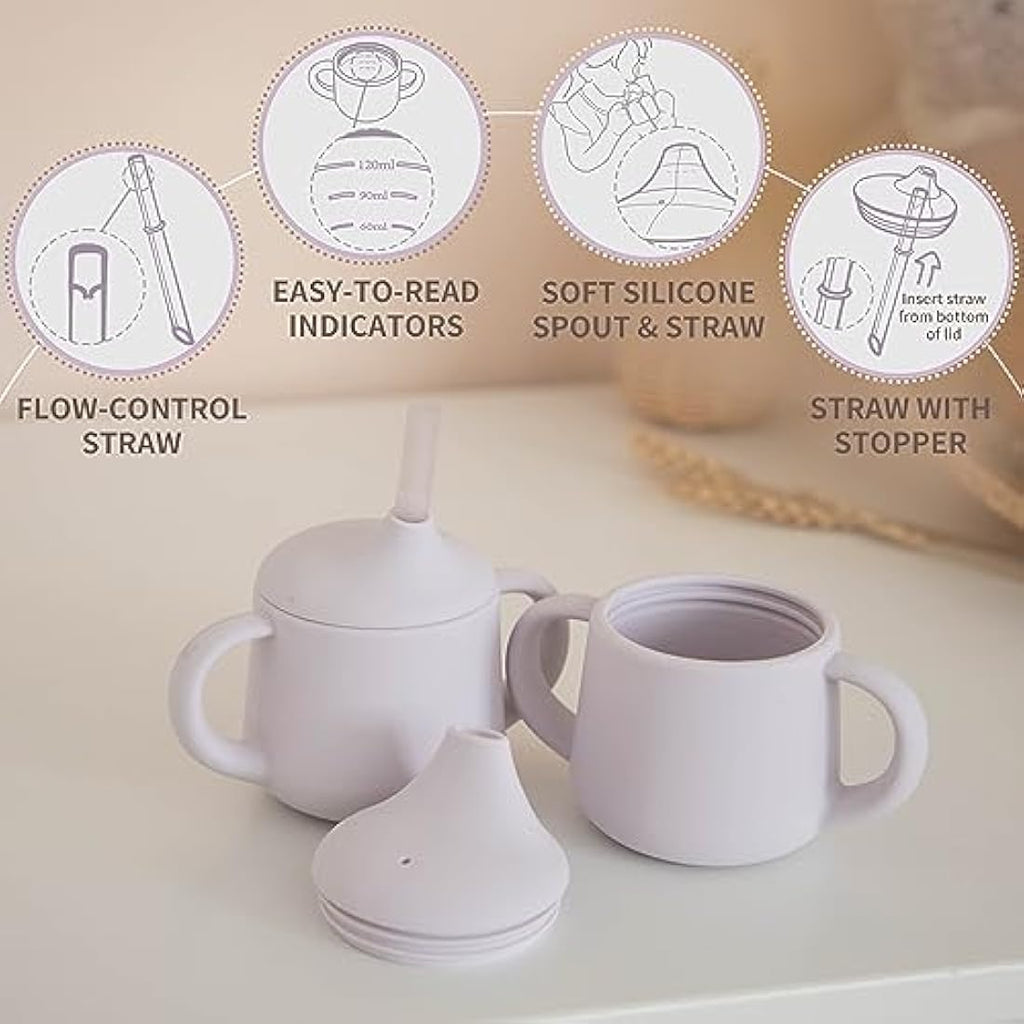 Moonkie 3-in-1 Silicone Baby Sippy Cup with Straw | Leak-Proof, Mauve, 4oz
