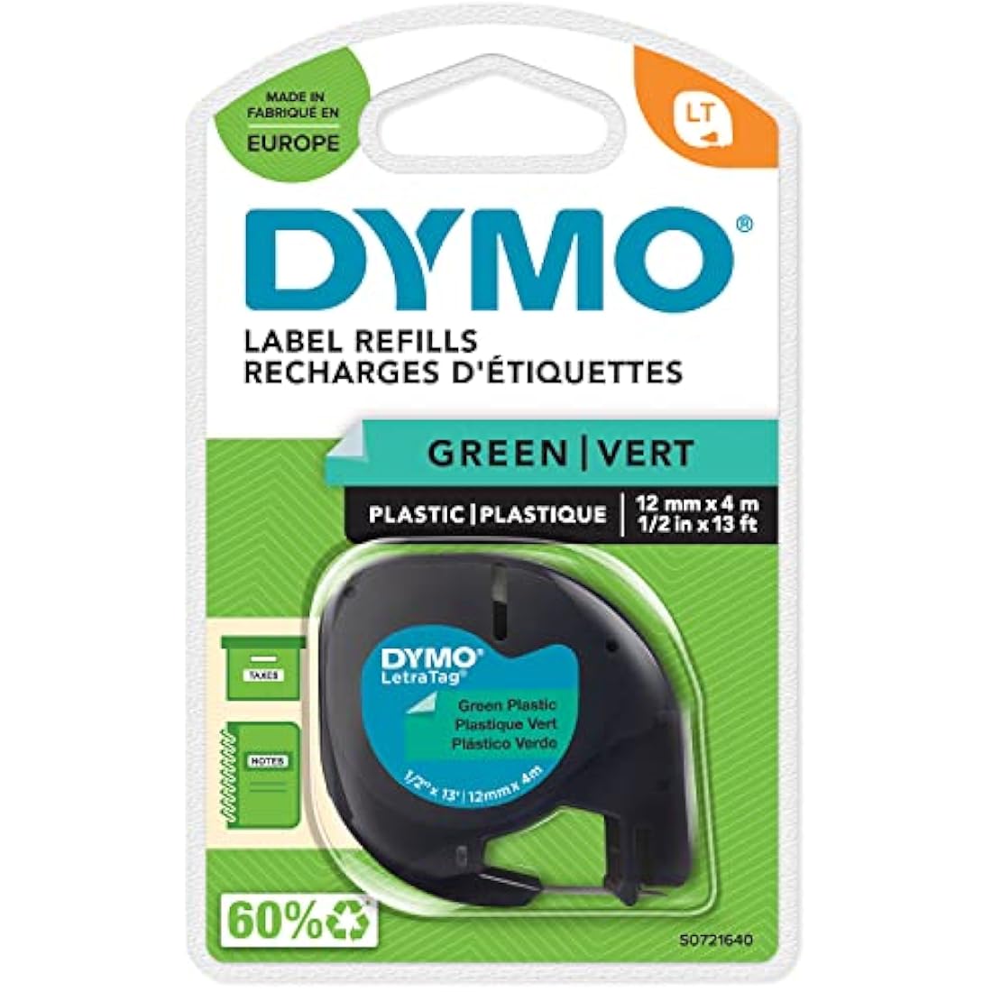 DYMO LetraTag Plastic Labels | Black on Green | 12mm x 4m Tape