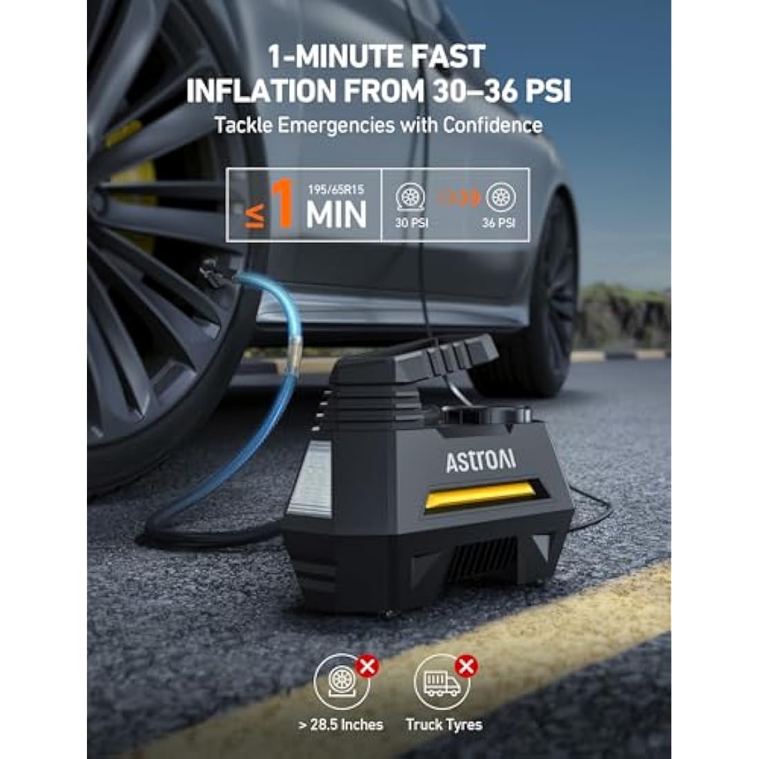 AstroAI Portable Tyre Inflator – 12V DC Air Compressor with Digital Gauge