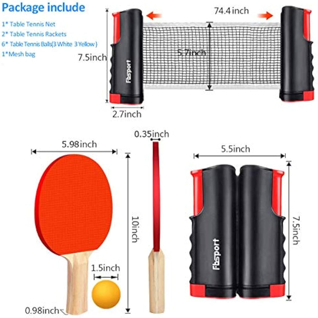 FBSPORT Table Tennis Set | 2 Ping Pong Paddles, Retractable Net & 6 Balls