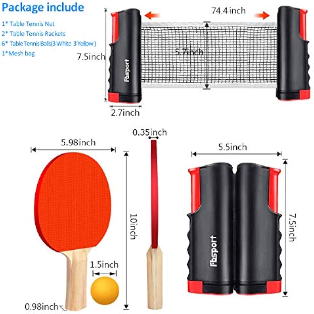 FBSPORT Table Tennis Set | 2 Ping Pong Paddles, Retractable Net & 6 Balls