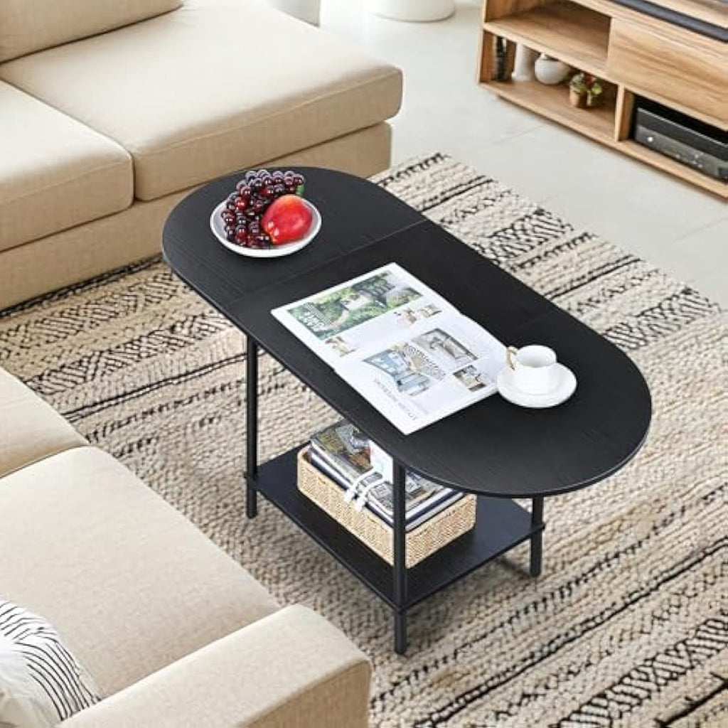 Oval Coffee Table – 2-Tier Modern Black Wood Center Table