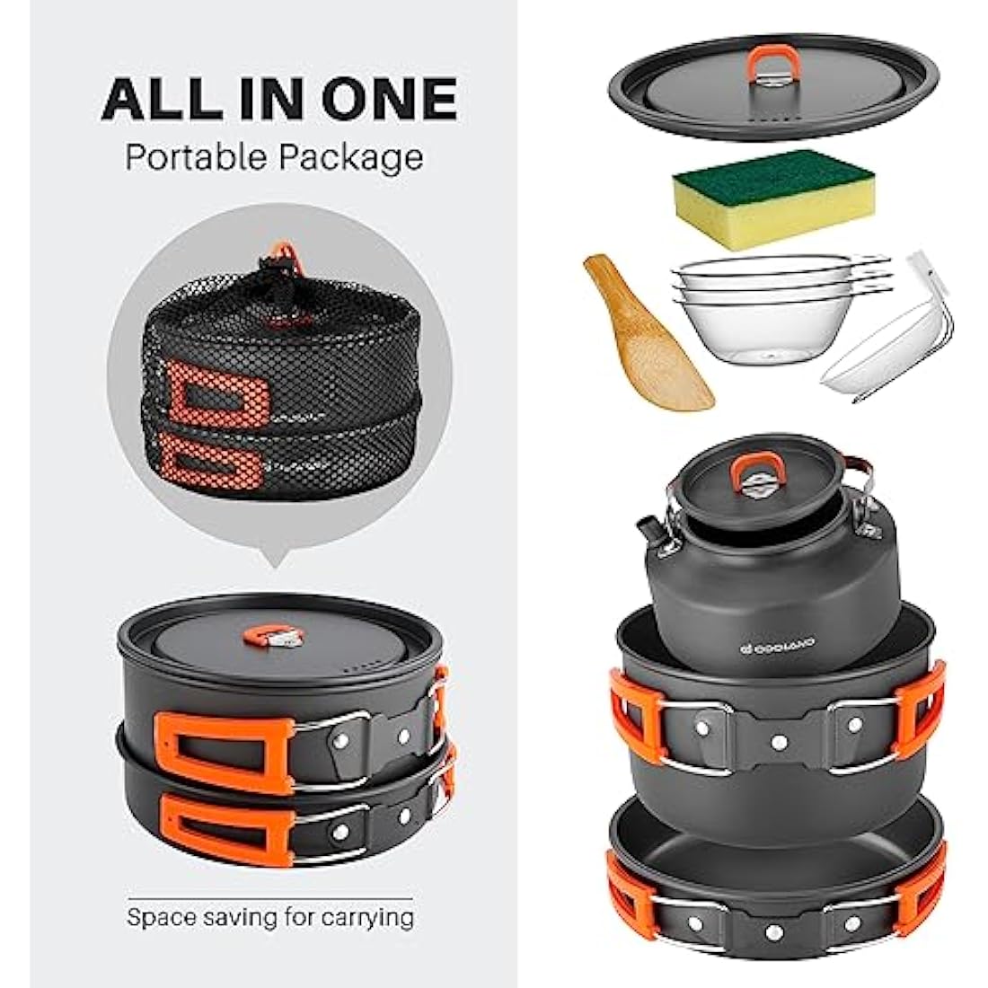 Odoland 10-Piece Camping Cookware Set – Non-Stick Pot, Pan & Kettle