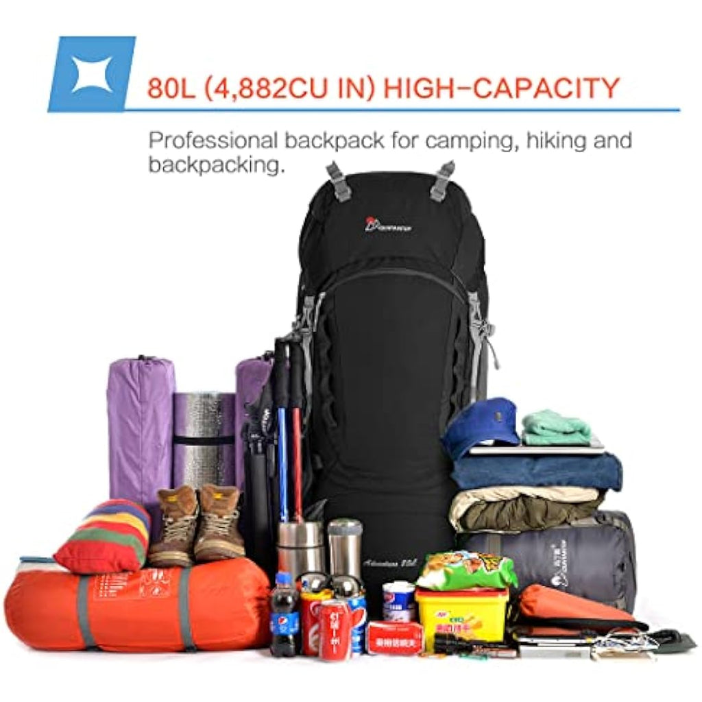 MOUNTAINTOP 80L Hiking Backpack – Waterproof Nylon Trekking Rucksack