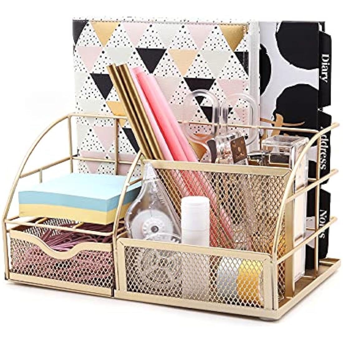 Exerz Mesh Desk Organiser – 7 Compartment Metal Desktop Caddy, Gold