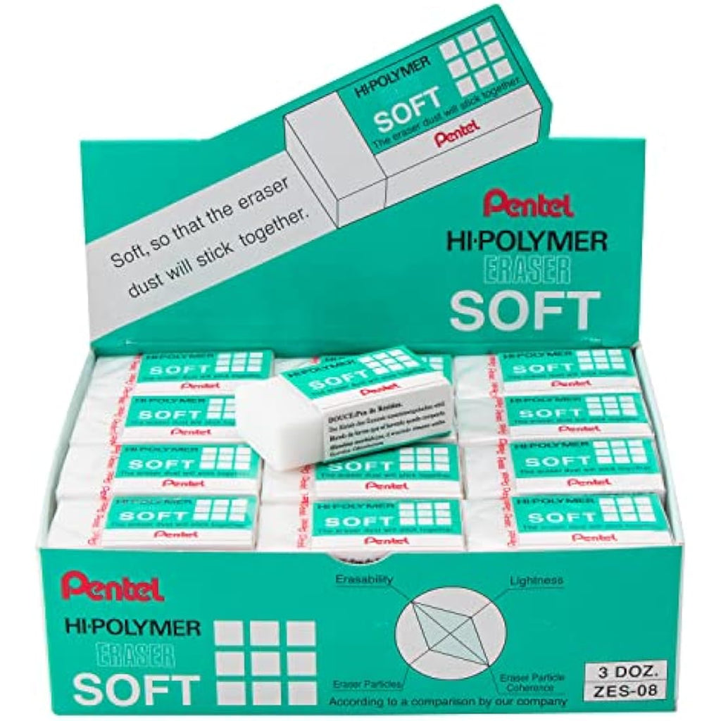 Pentel Hi-Polymer Soft Eraser for Drawing and Art, 36 Pack – White