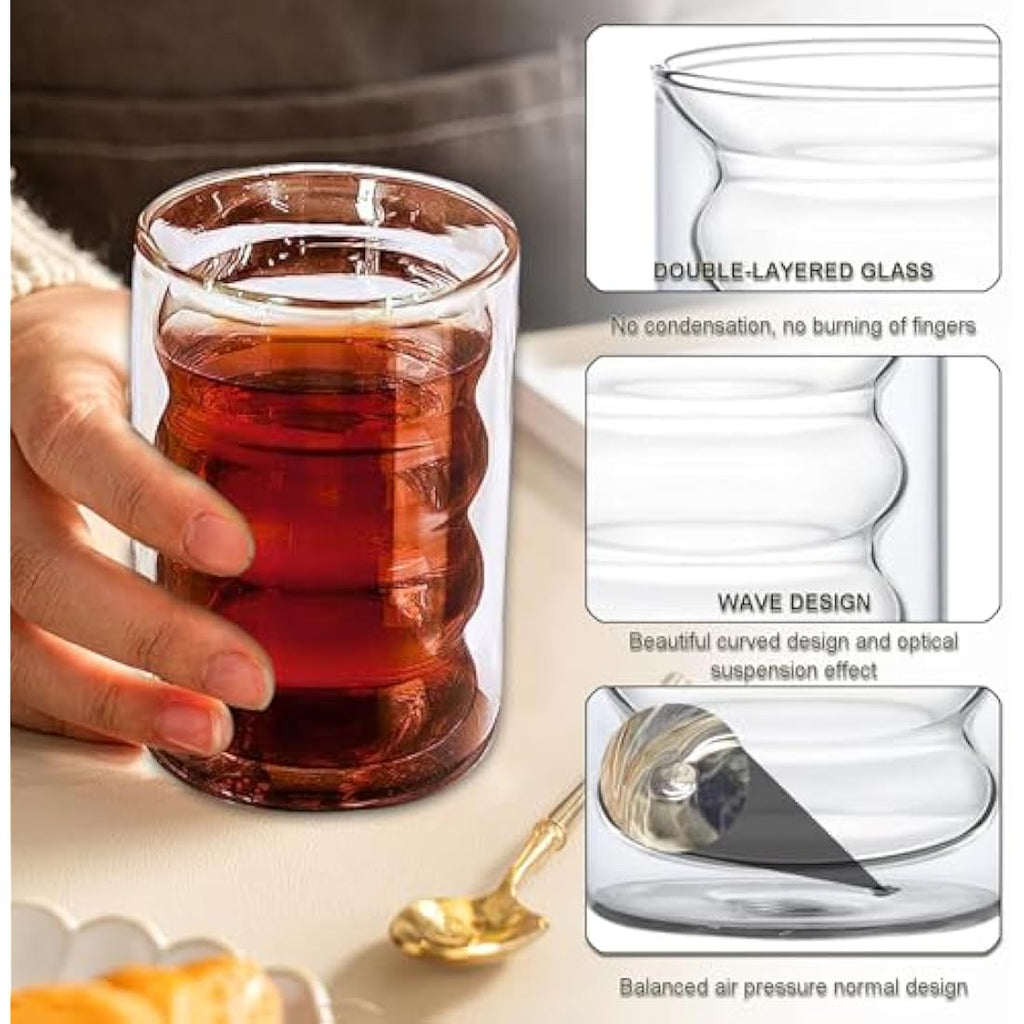 Twoant Double Walled Glass Coffee Mugs - 400ml Borosilicate Cups, 6 Pack