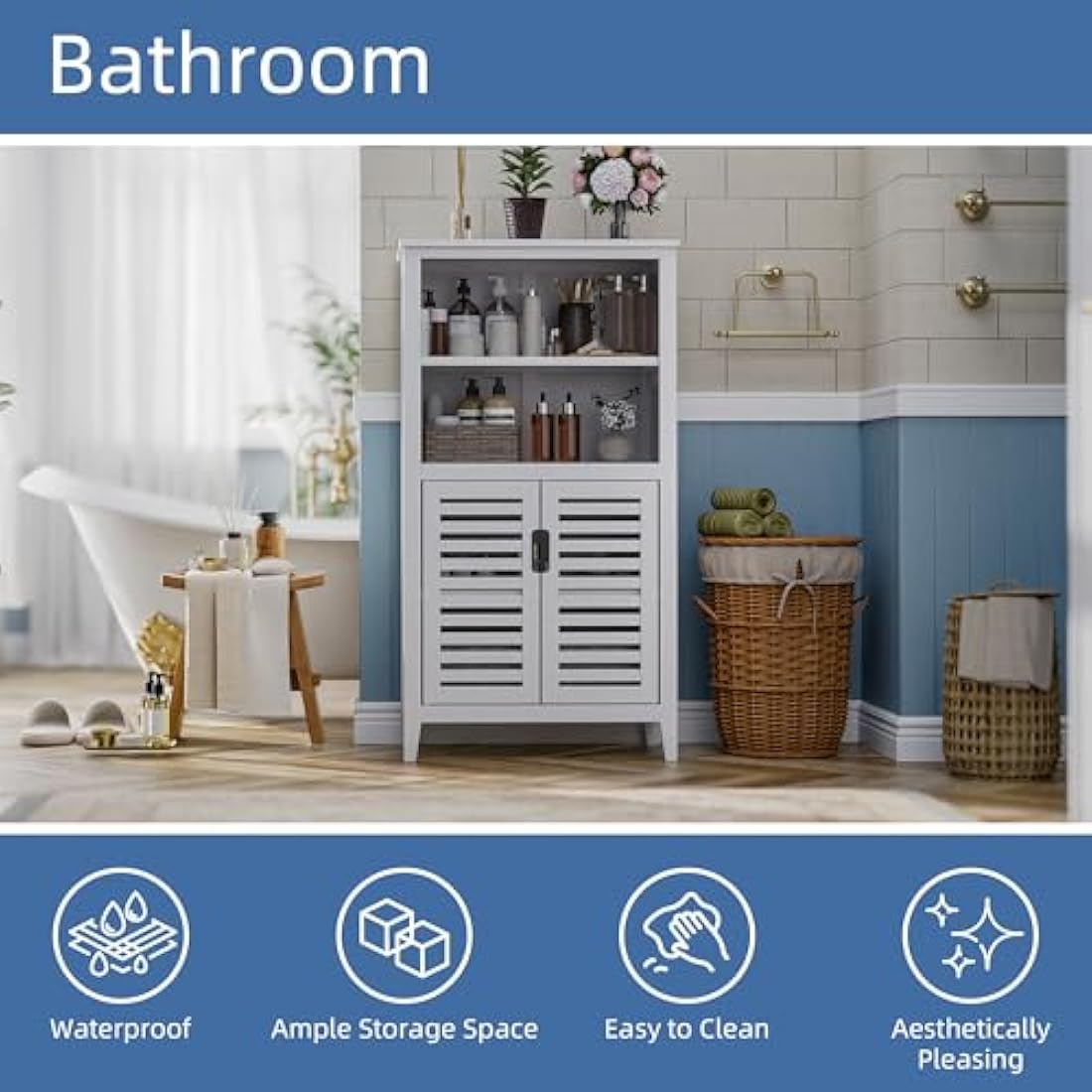 HITNET Bamboo Bathroom Floor Storage Cabinet | 2-Door Freestanding Organizer