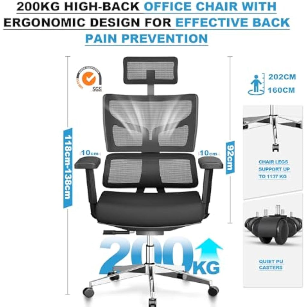 MELOKEA Big and Tall Ergonomic Office Chair - 200kg Heavy Duty Mesh Chair