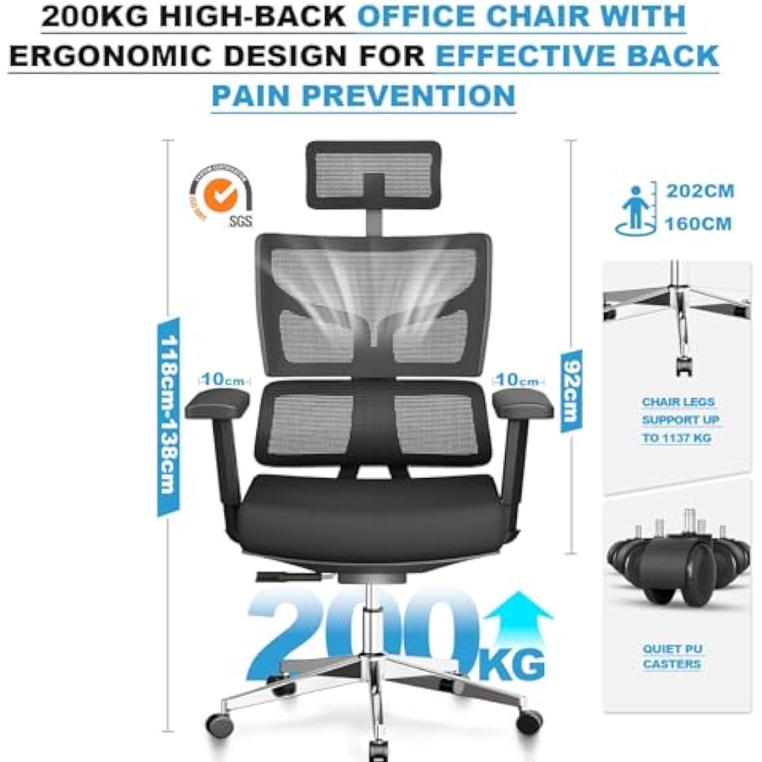MELOKEA Big and Tall Ergonomic Office Chair - 200kg Heavy Duty Mesh Chair