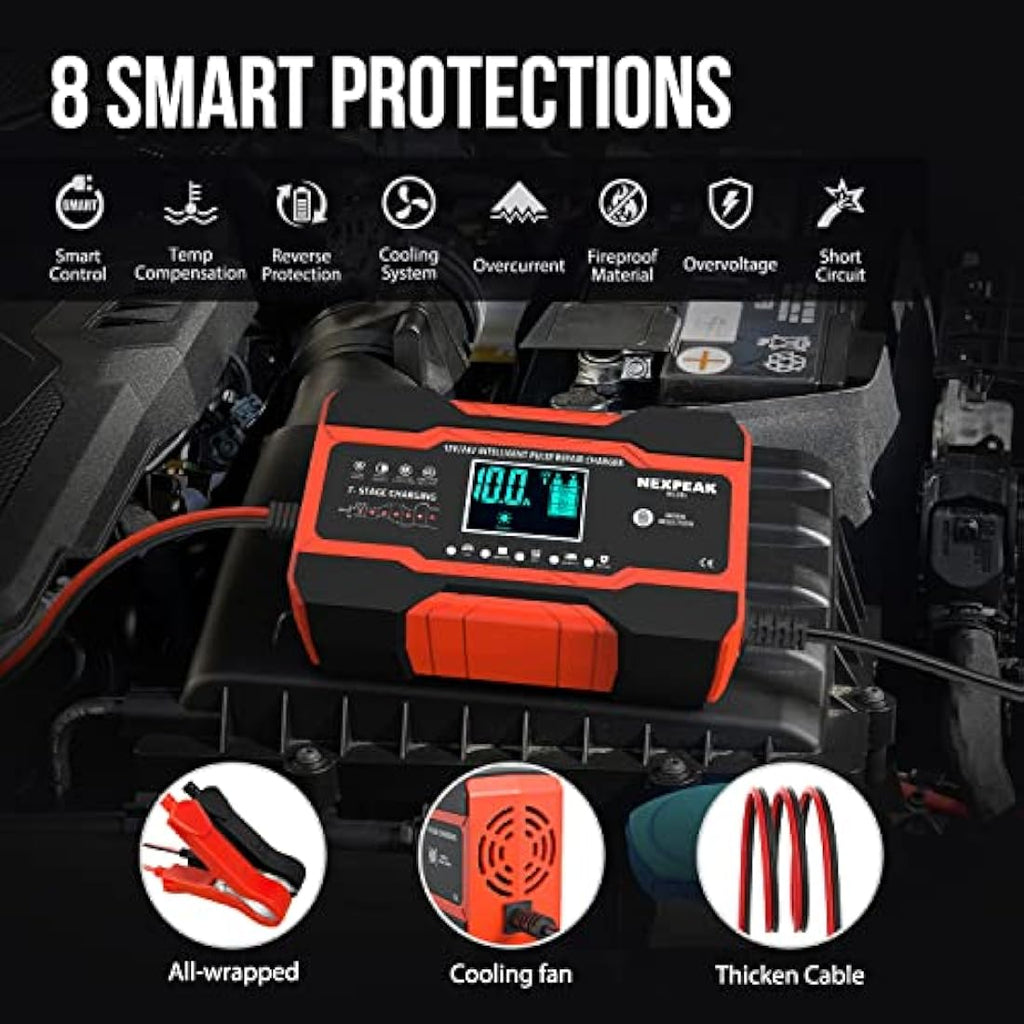 10A Smart Car Battery Charger | 12V/24V Pulse Repair Maintainer