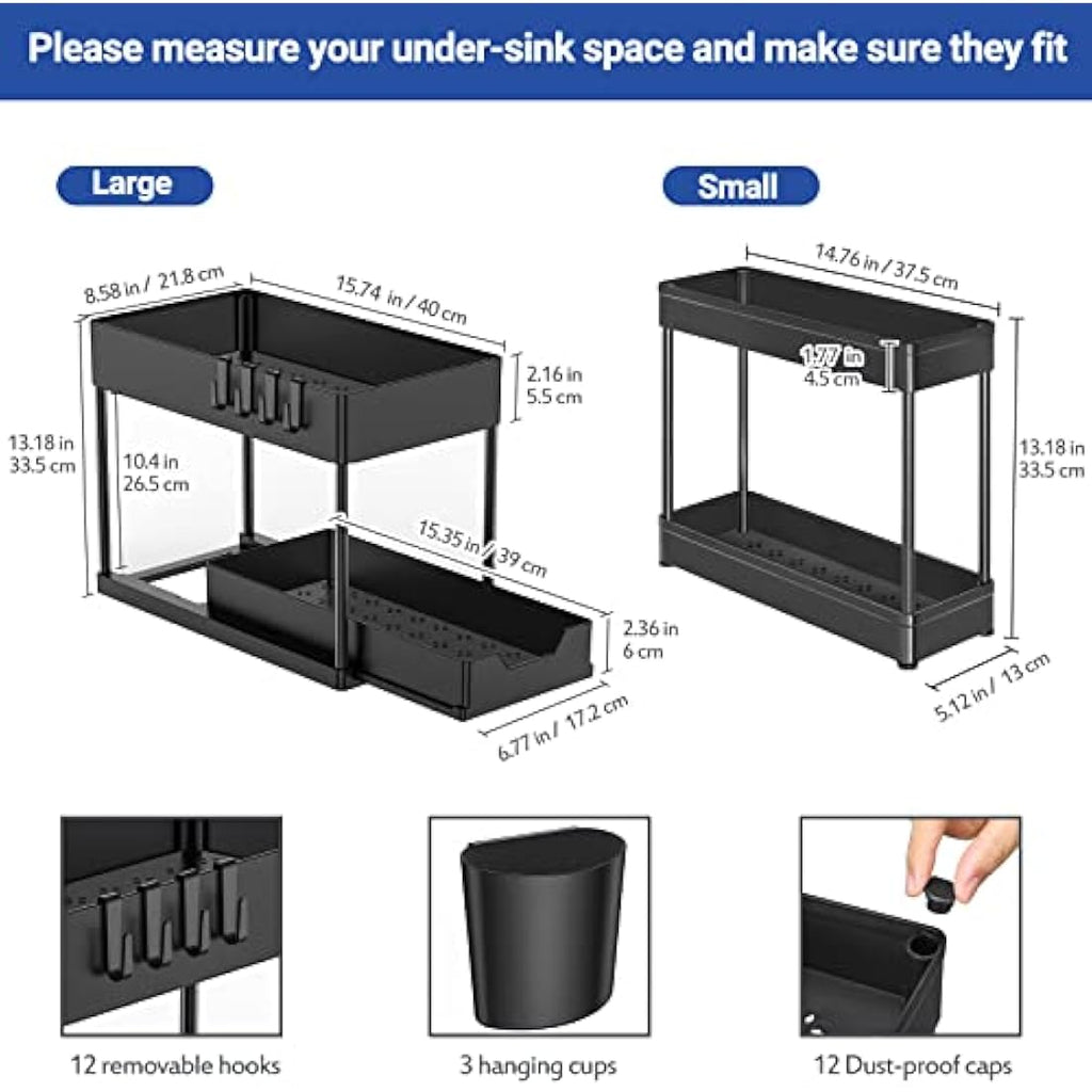Puricon 3-Pack Under Sink Organiser | 2-Tier Sliding Kitchen Storage - Black