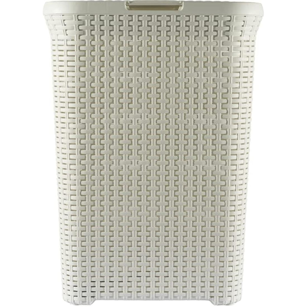 Curver 60L Laundry Hamper – Rattan Style Bathroom Storage, Vintage White