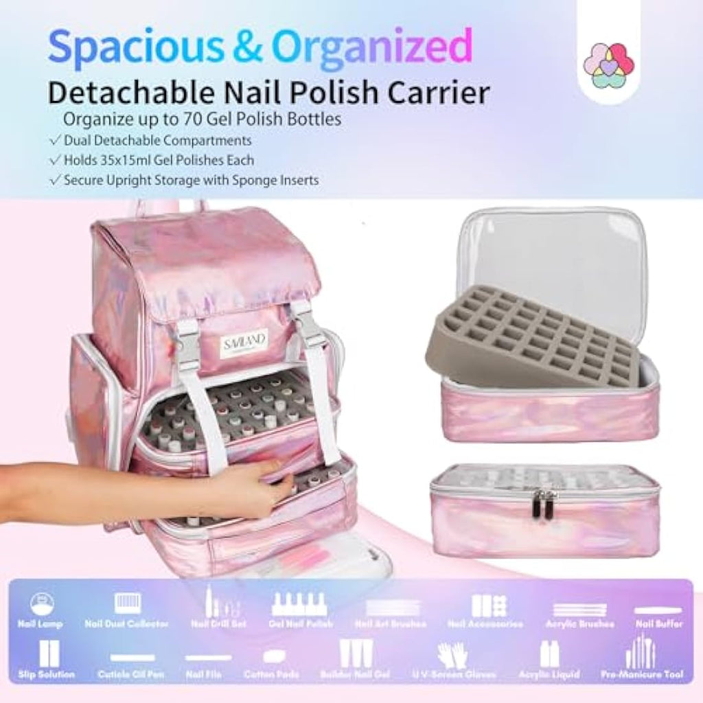 Saviland Nail Polish Organizer Bag | PU Leather Case for 70 Bottles & Lamp