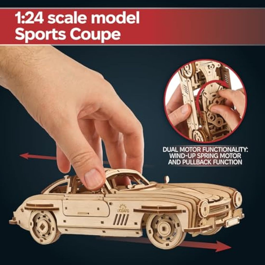 UGEARS Winged Sports Coupe 3D Wooden Puzzle – 1:24 Scale Model Car Kit