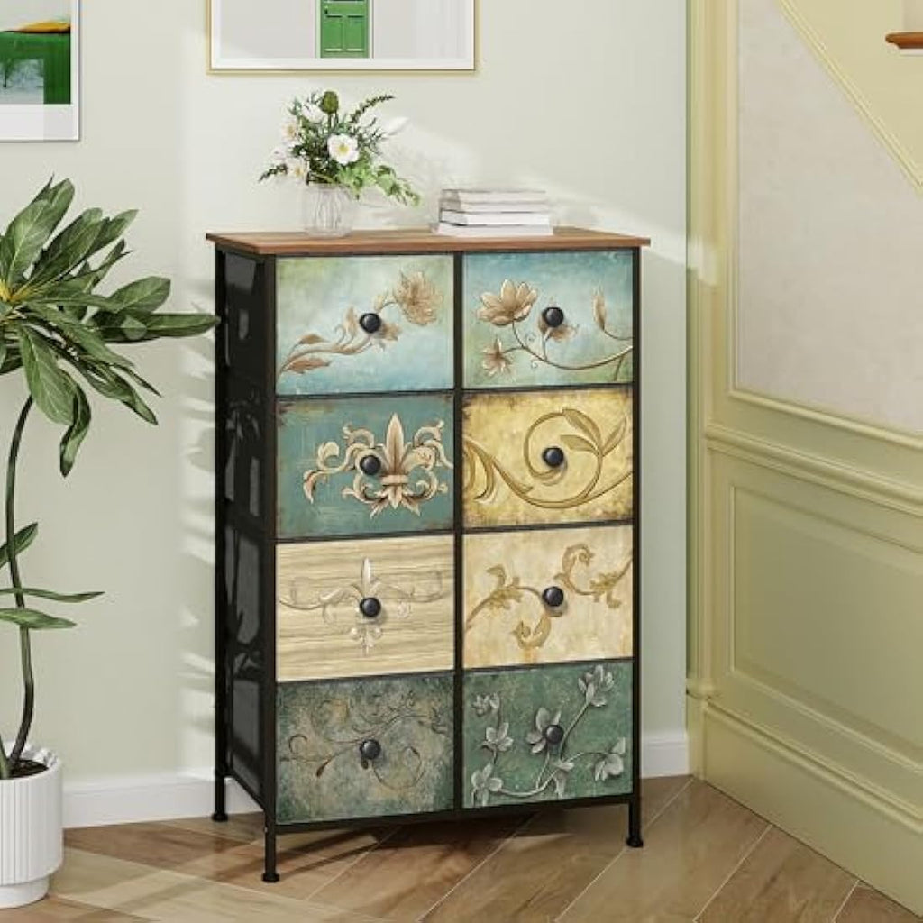 VEDECASA 8 Drawer Tall Dresser – Retro Floral Fabric Storage Chest