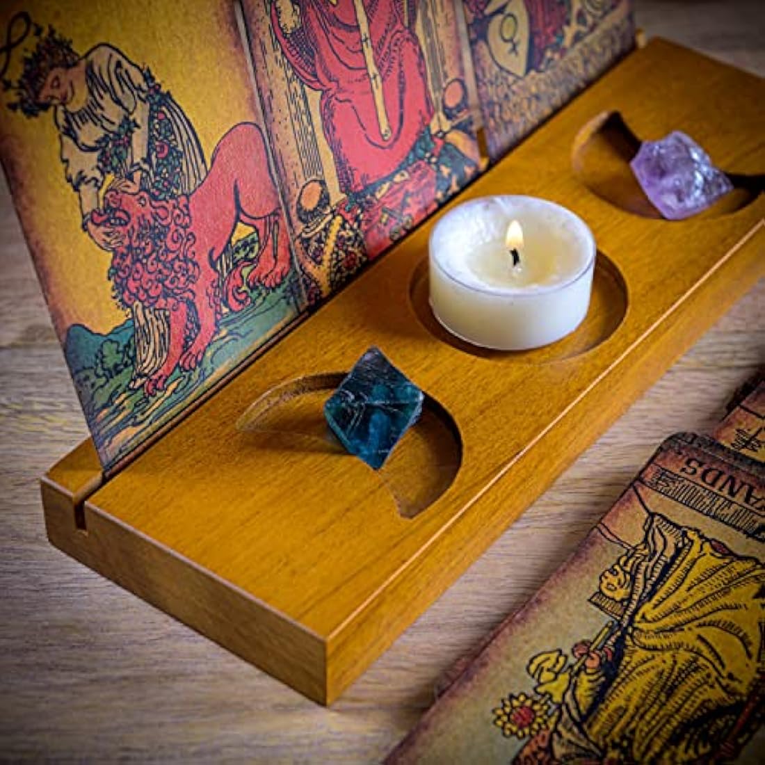 Curawood Triple Moon Wooden Tarot Card Holder Stand - Holds 3 Cards