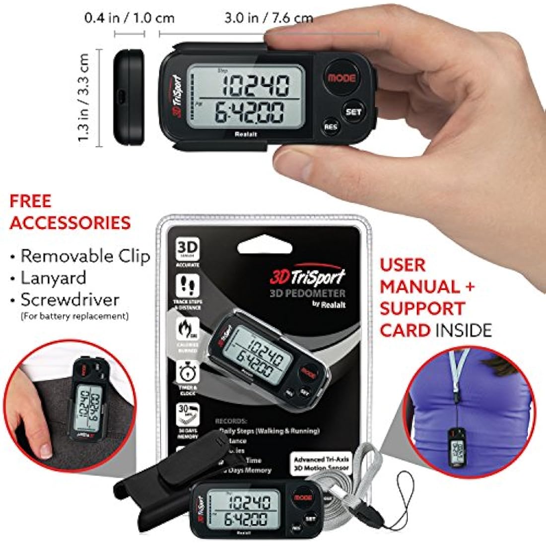 3DTriSport 3D Pedometer – Accurate Step Counter with 30-Day Memory