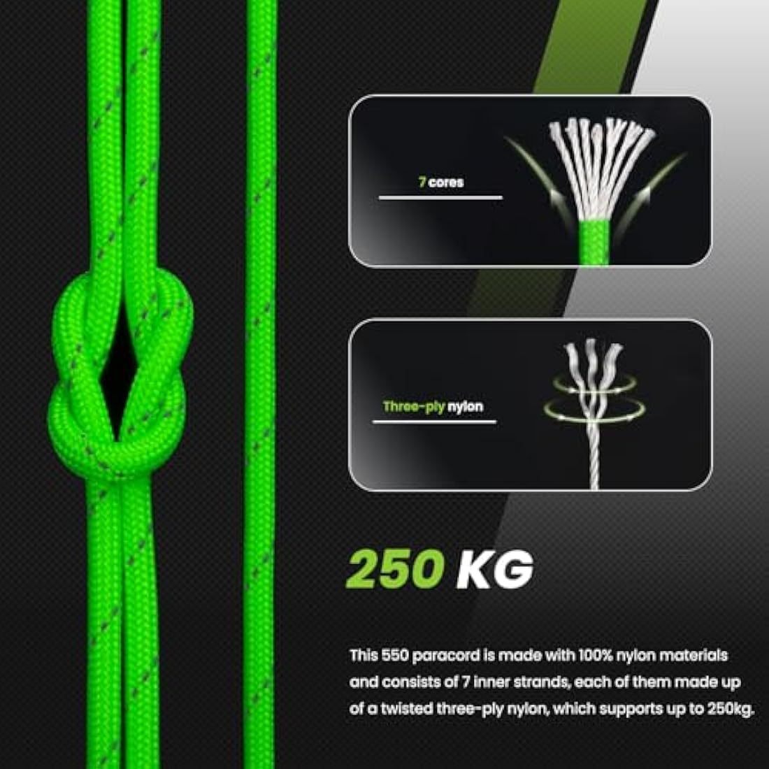Abma Cord 550 Paracord – 100m Nylon Type III Rope, Reflective Green