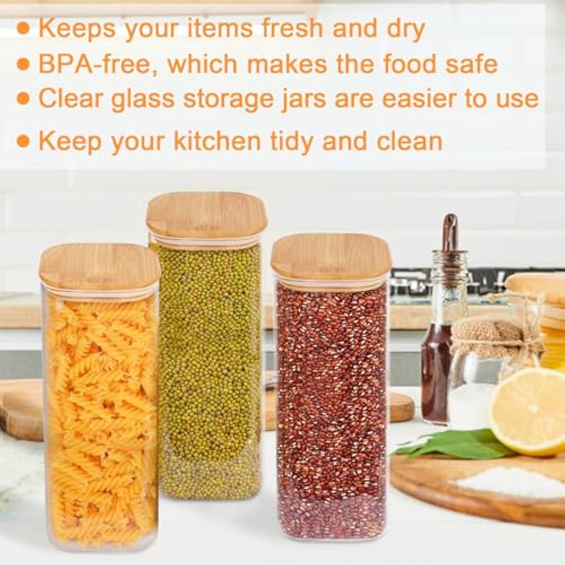 Jolof Store 2100ml Glass Storage Jars with Bamboo Lids - 3 Pack Square