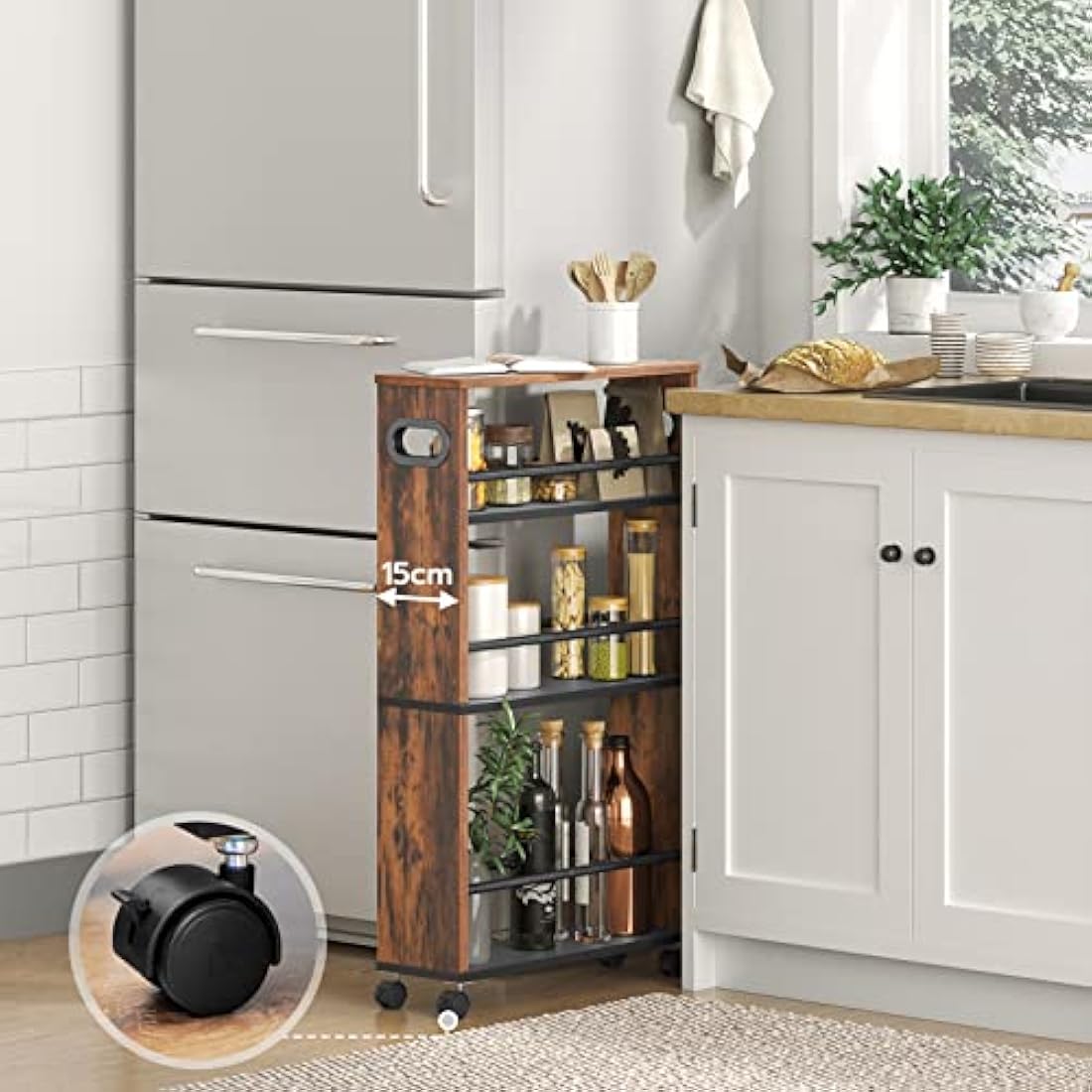 HOOBRO 4-Tier Slim Storage Trolley – Narrow Rolling Utility Cart, Rustic Brown