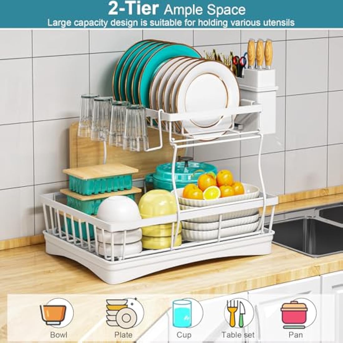 StowBin 2-Tier Dish Drying Rack with Drainboard and Utensil Holder