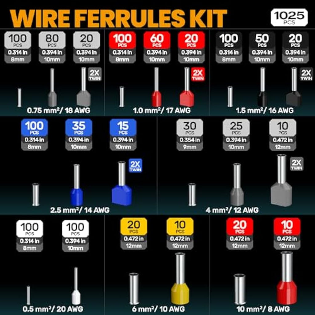 SOMELINE Hexagonal Ferrule Crimping Tool Set - 1025pcs Wire Terminals Kit