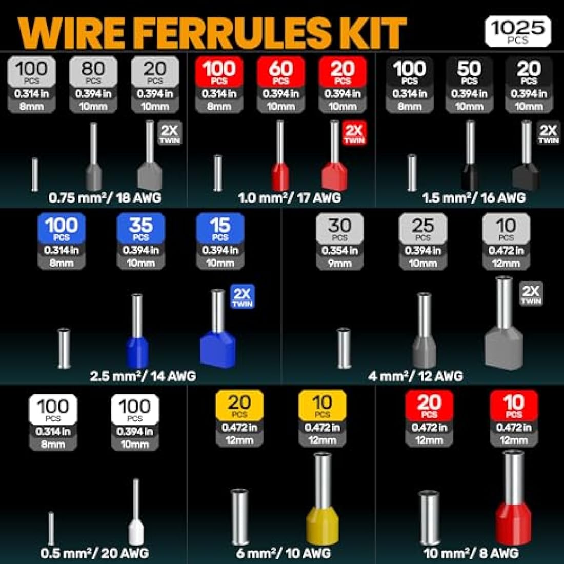 SOMELINE Hexagonal Ferrule Crimping Tool Set - 1025pcs Wire Terminals Kit