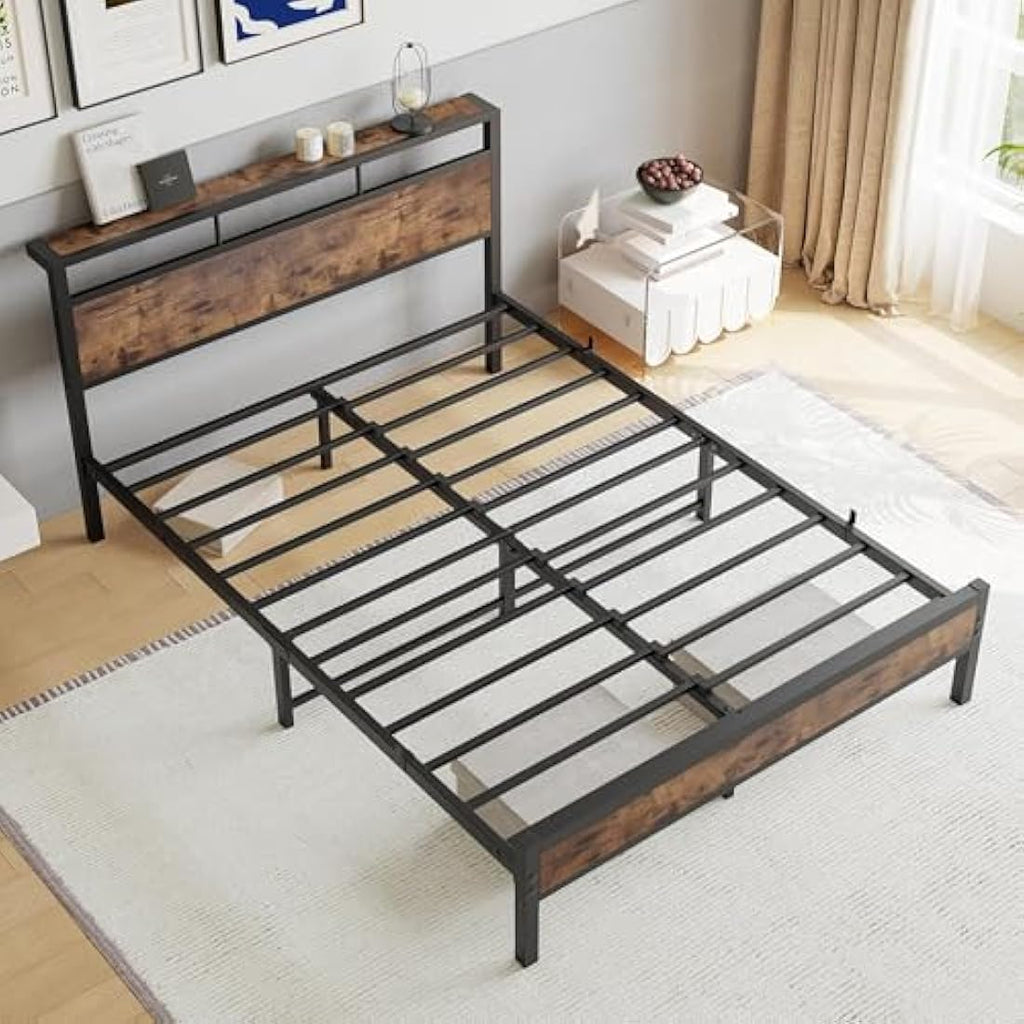 JELUTE Double Metal Platform Bed Frame with Storage Headboard - Black
