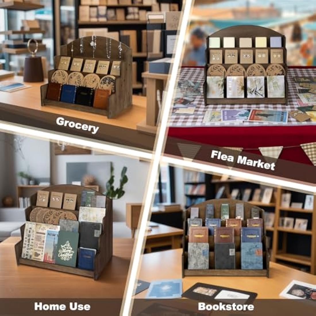4-Tier Wooden Greeting Card Display Stand for Retail – Brown