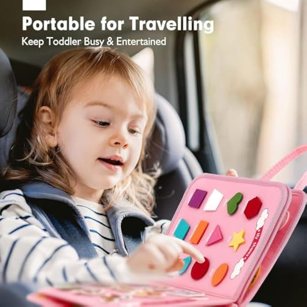 Hahaland Montessori Busy Board - 21-in-1 Sensory Travel Toy - Pink Unicorn