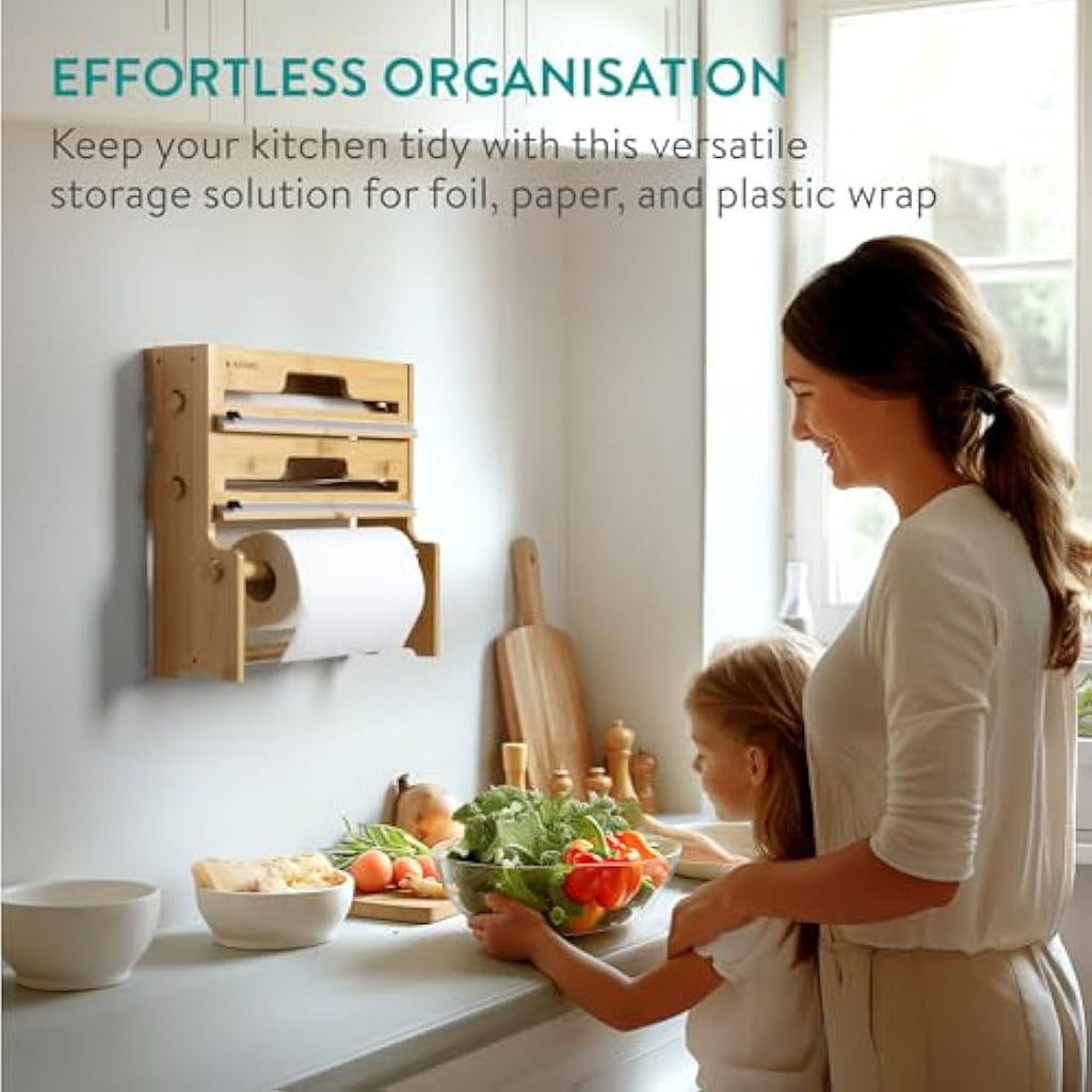 Navaris 3-in-1 Bamboo Cling Film Dispenser & Foil Organiser with Cutter
