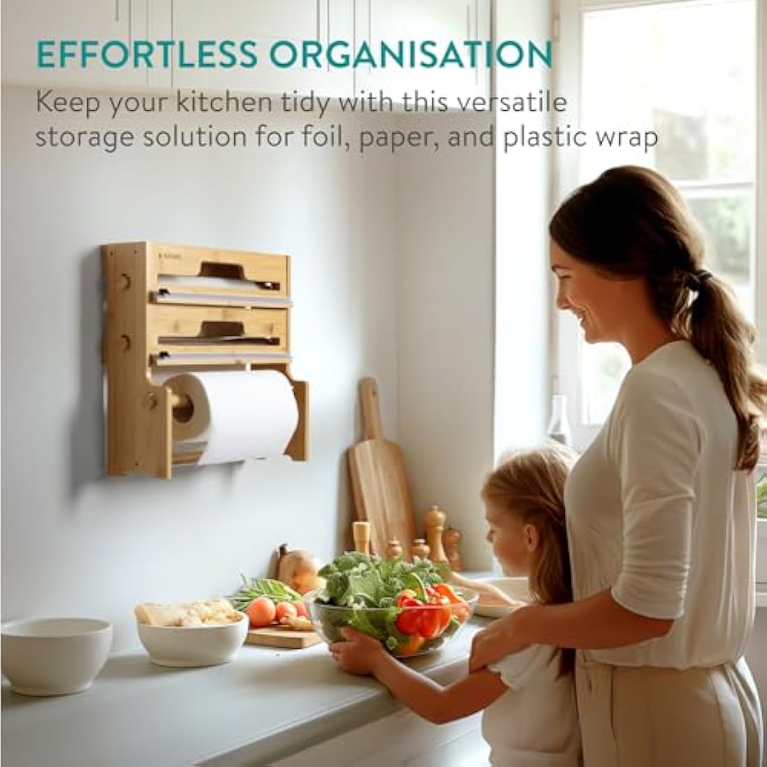 Navaris 3-in-1 Bamboo Cling Film Dispenser & Foil Organiser with Cutter