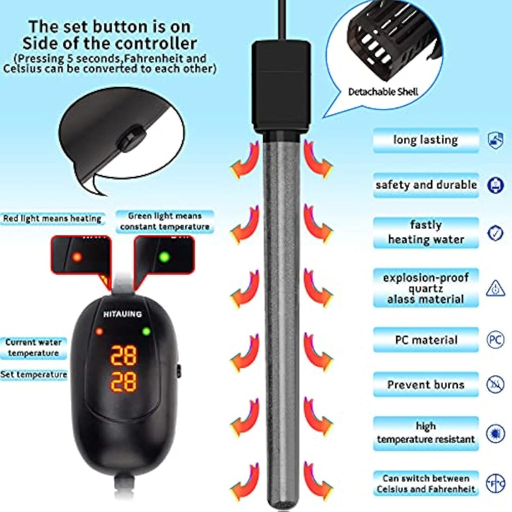 HiTauing Submersible Aquarium Heater | 500W Digital Fish Tank Thermostat