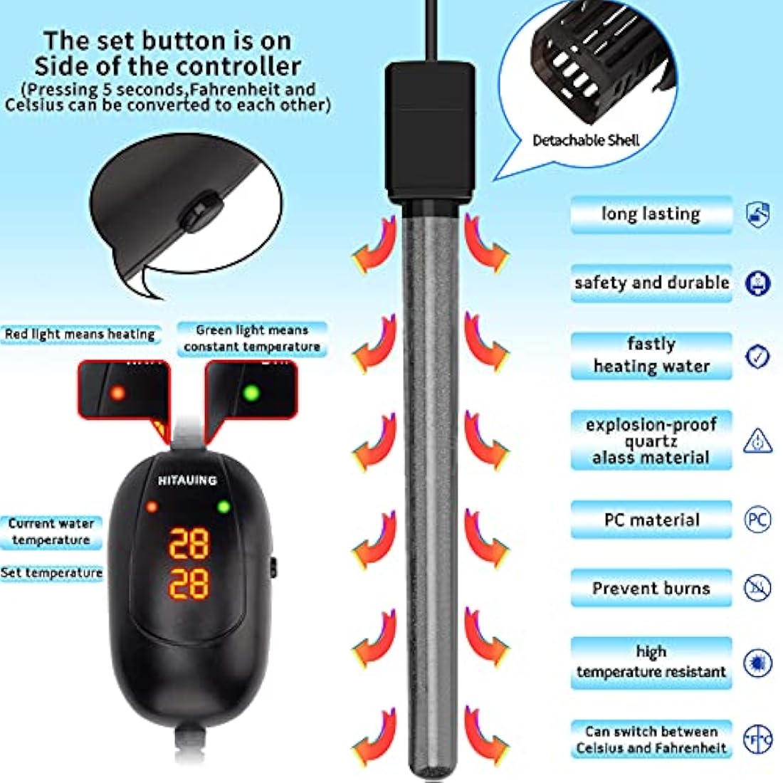 HiTauing Submersible Aquarium Heater | 500W Digital Fish Tank Thermostat
