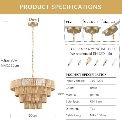 50cm Boho Rattan Pendant Light – 6-Light Brass Ceiling Shade